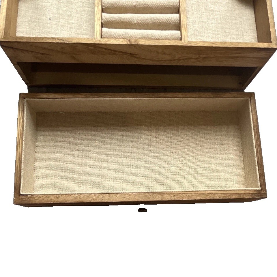 Wood & Metal Jewelry Organizer Box, Lined Drawer, Earring & Ring Storage