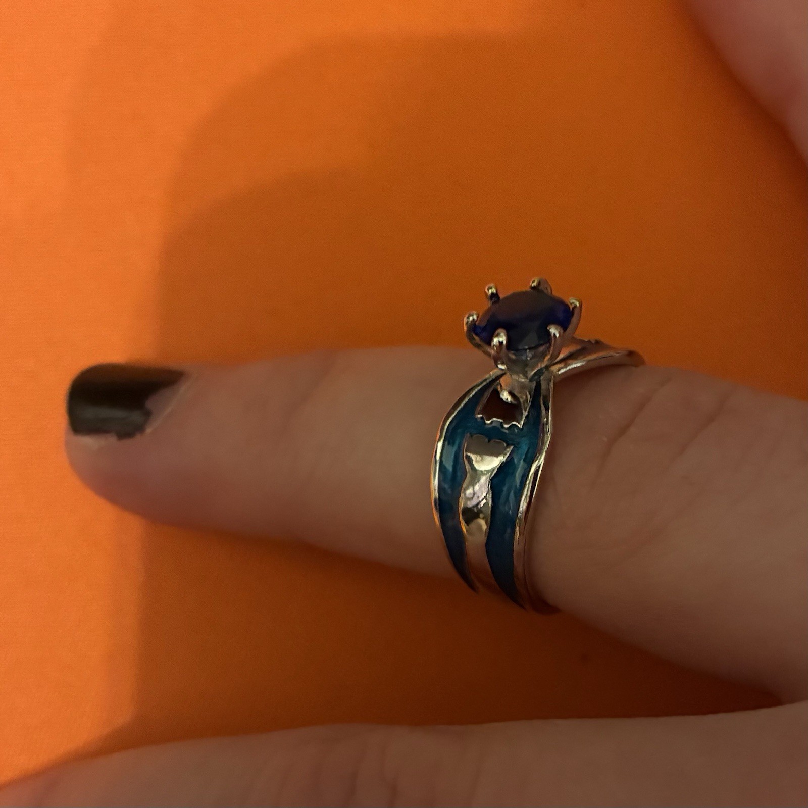 Halo Video Game Adjustable Bow Ring with Blue Round Stone on Silver-Tone Band