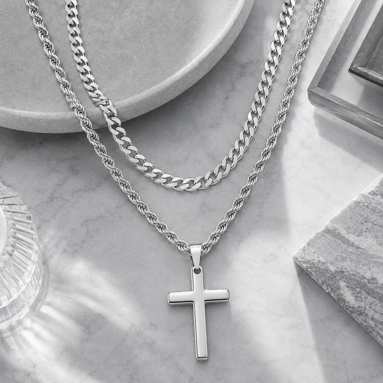 Dual Layer Cuban Link Cross Necklace for Men Women Stainless Steel Two-Tone Gold
