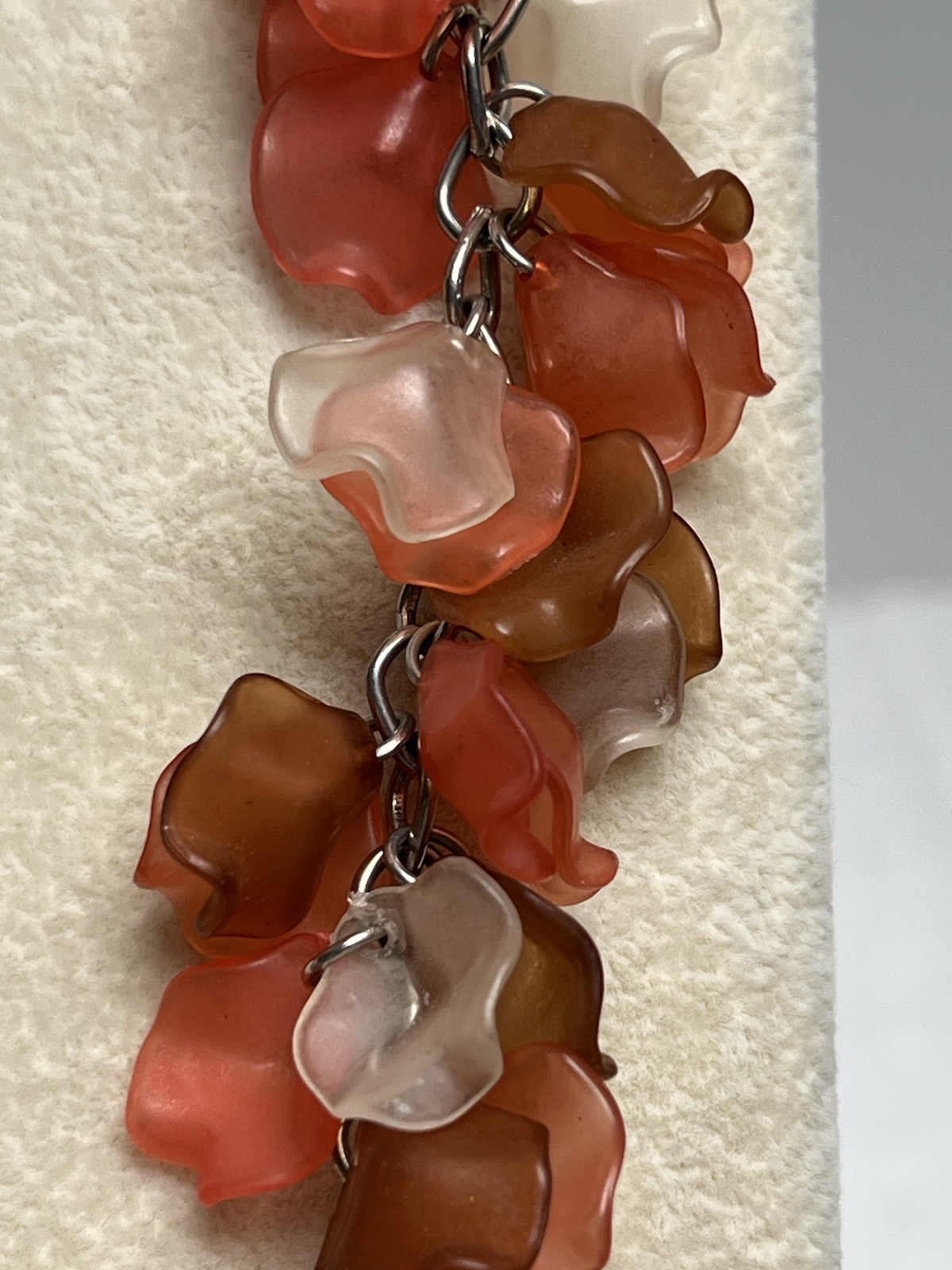 Vintage Frosted Peach Taupe Clear Acrylic Flutter Petal Dangle Necklace 30-32”