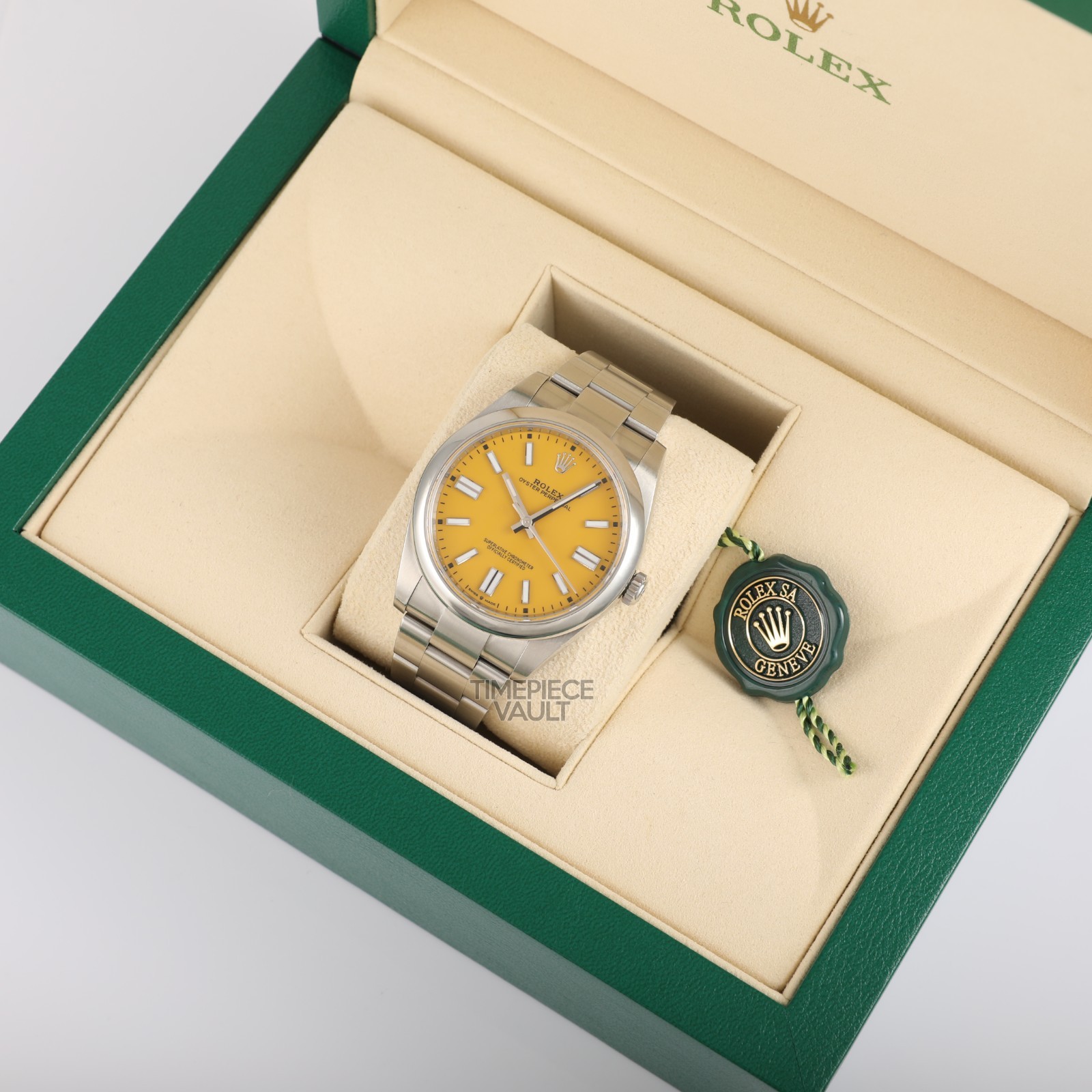 Rolex Men Oyster Perpetual 124300 Steel 41mm Watch Custom Yellow Index Dial B&P