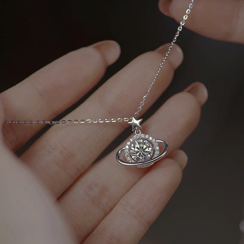 Fashion Silver Color Planet Shape Necklace Simple Charm Geometric Pendant Birthd
