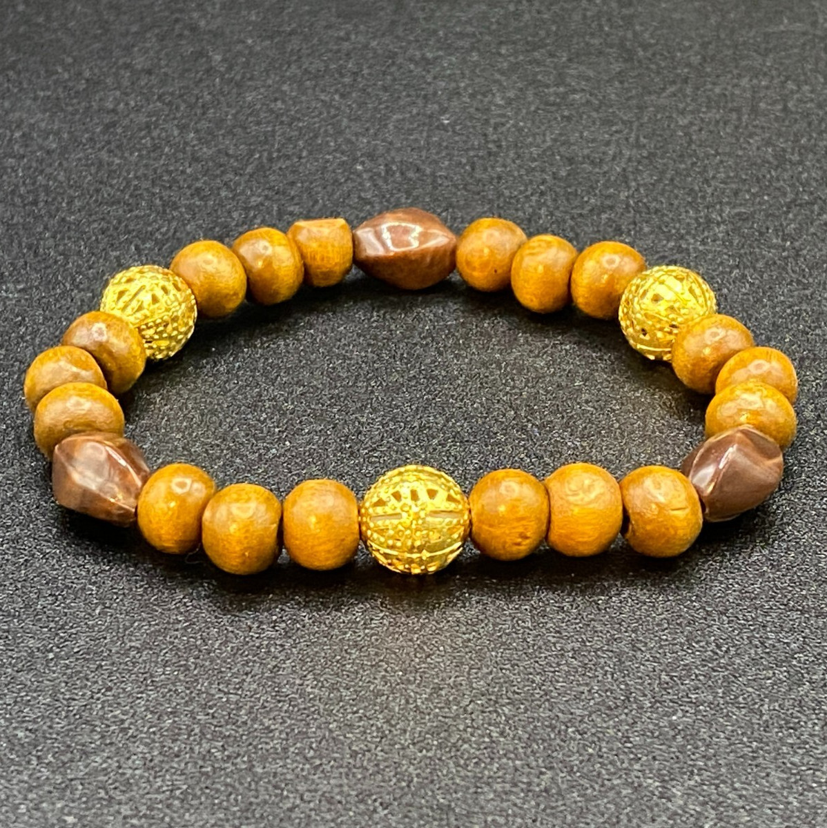 Wood Plastic and Gold Tone Metal Bead Stretch Bracelet