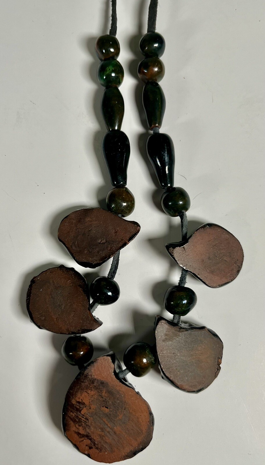 Dark Green and Brown Handmade Ceramic & Leather Tie Necklace Boho Grannycore
