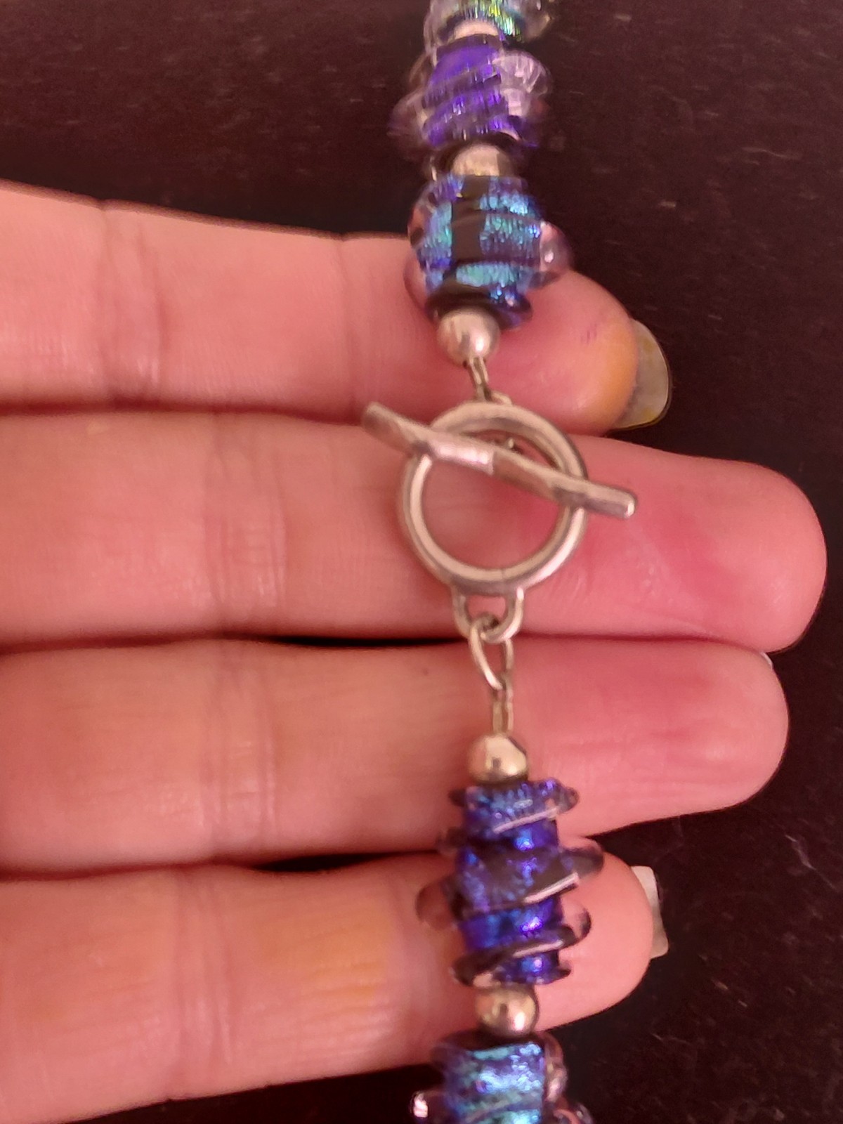 RARE: 1970 HANDMADE DICHROIC GLASS Disk Necklace-Heavy Solid Sterling Hardware