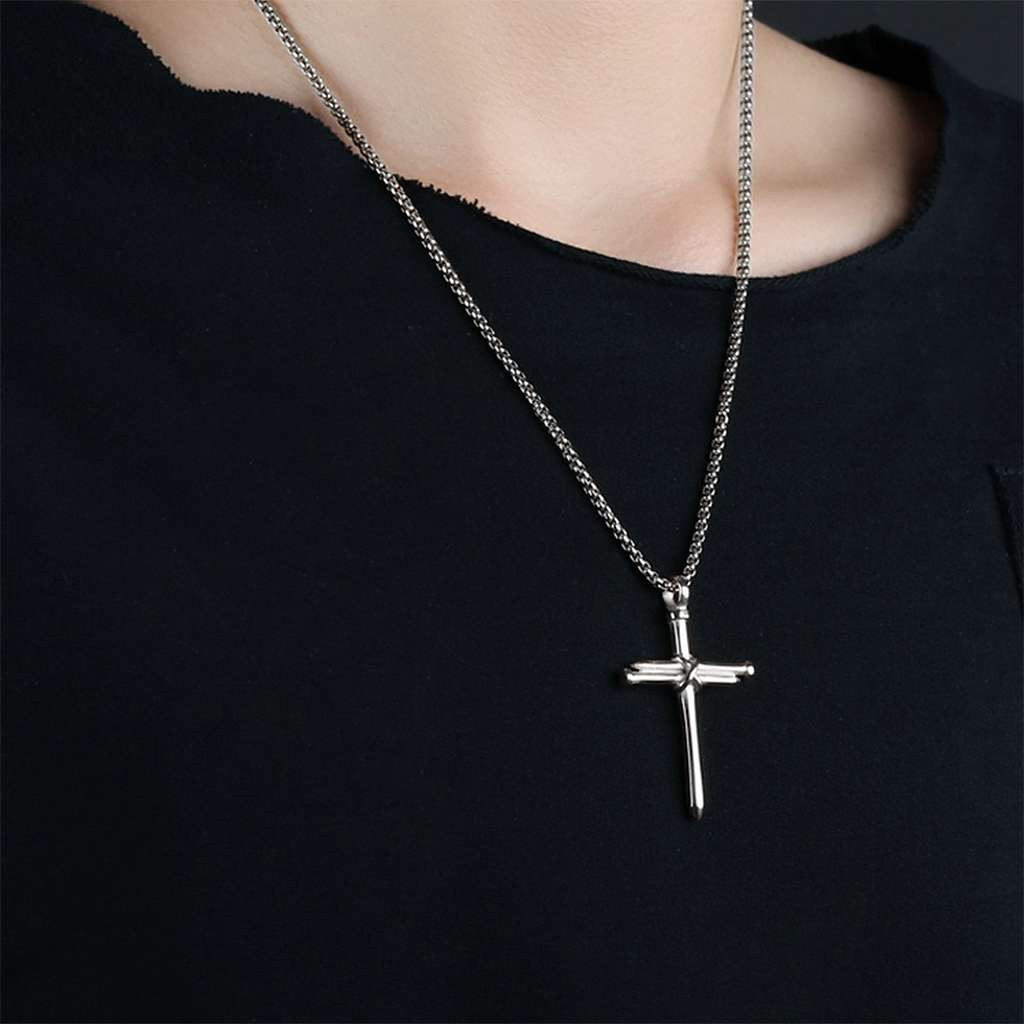Mens Nail Cross Pendant Necklace Chain Gold/Silver/Black Stainless Steel Christ