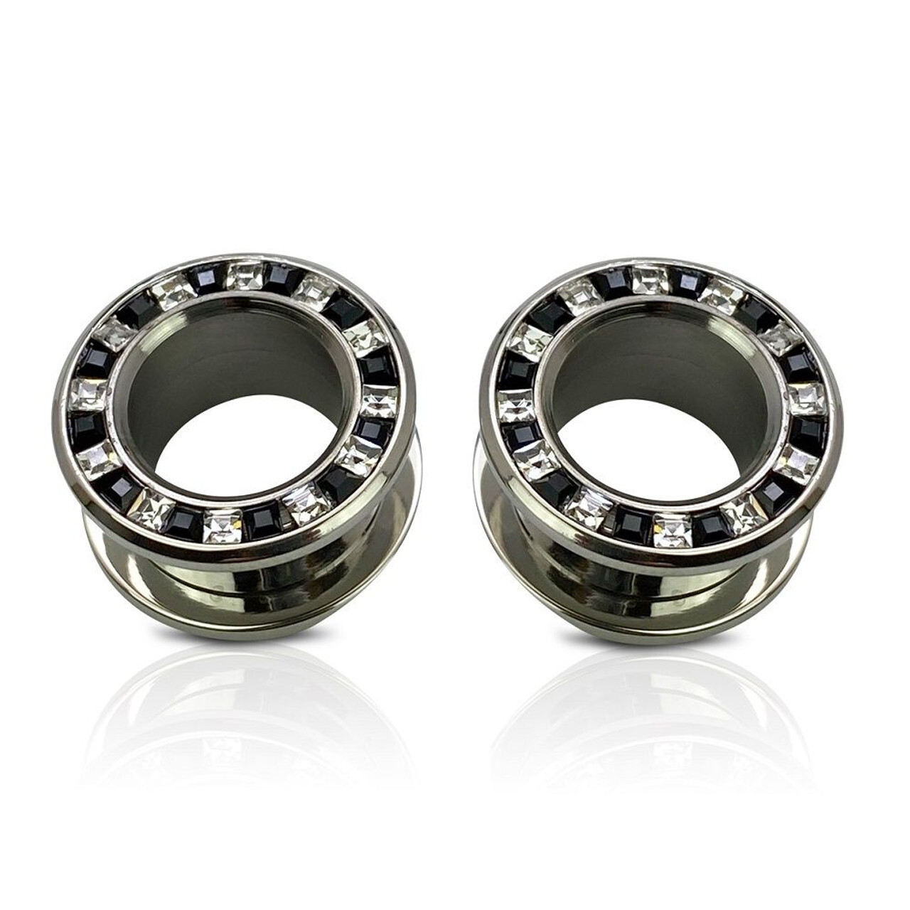 Pressed Rimmed Surgical Steel Black Clear CZ Screw Tunnel Ear Plugs – Sold Pair