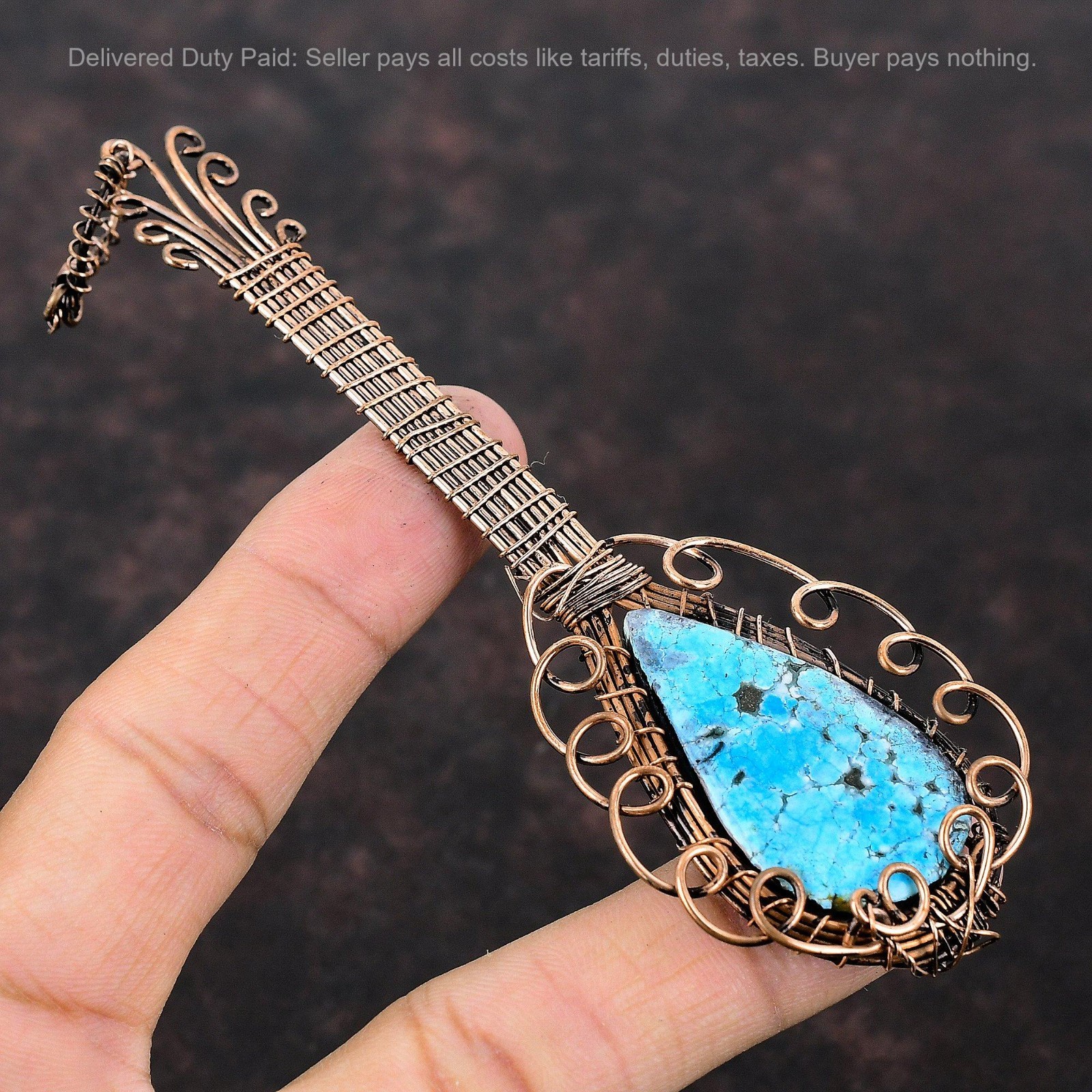 Pear Tibetan Turquoise Stone Copper Wire Wrapped Guitar Throat Chakra Pendant