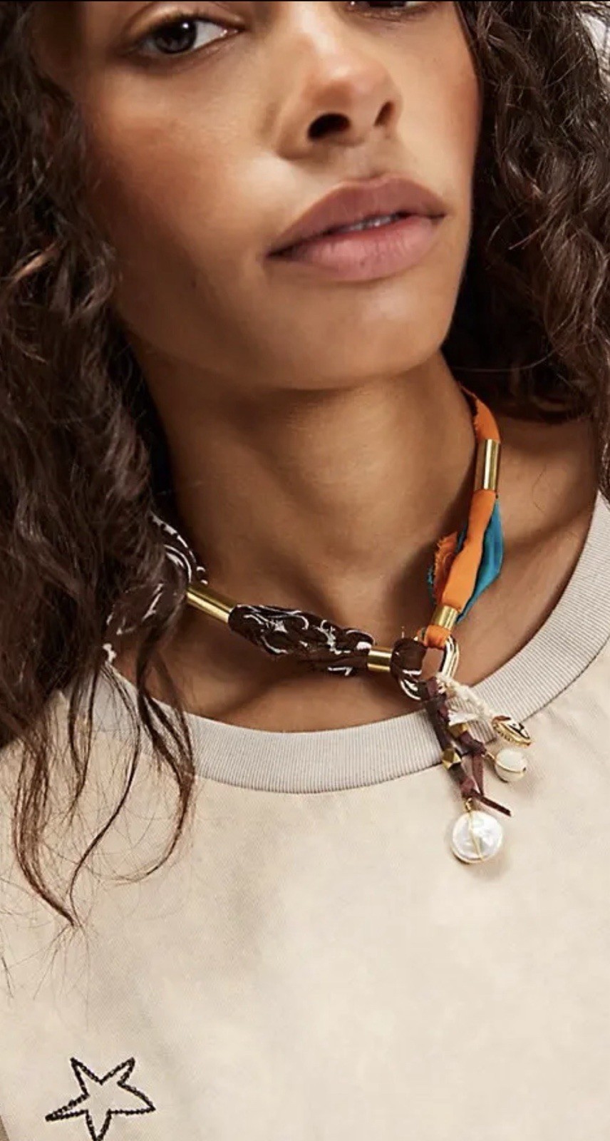 Free People Ariana Ost Alpha Choker Bandana Beading Shells Turquoise Orange NWT