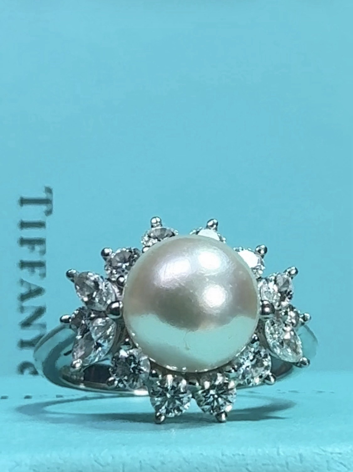 $9,450 TIFFANY & CO. VICTORIA 8MM PEARL AKOYA DIAMOND PLATINUM RING BAND SIZE 6