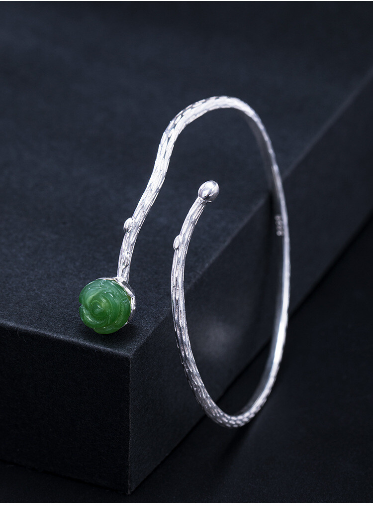 I04 Green Jade Rose Branch Bangle Bracelet 57mm Sterling Silver 925