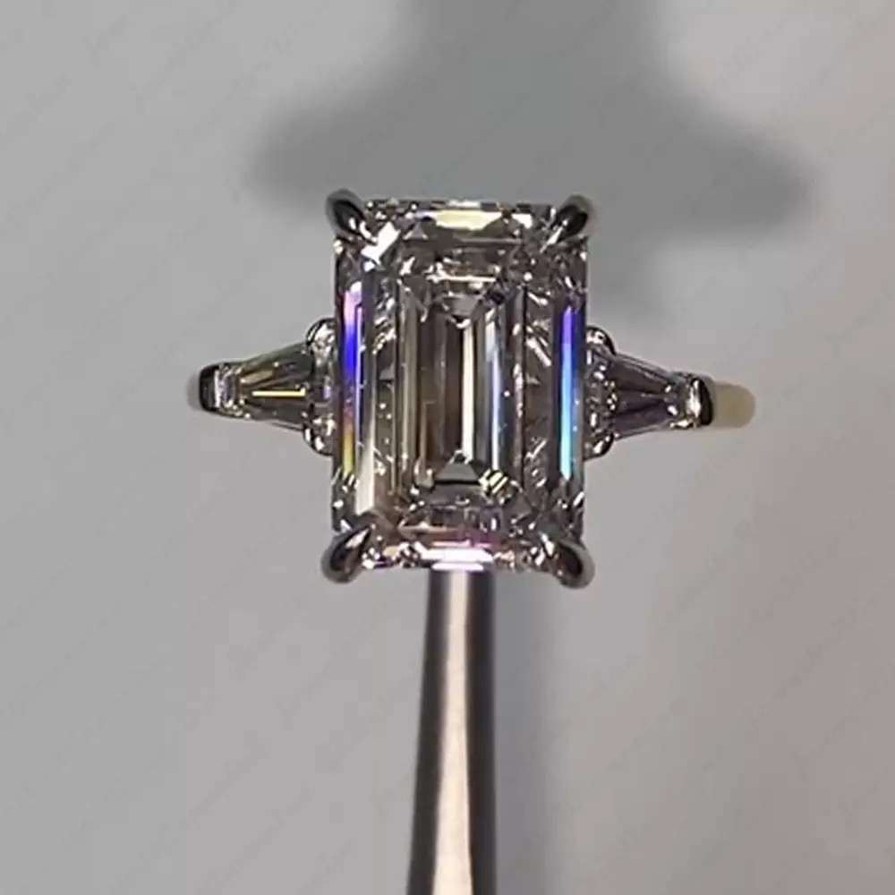 4.85Ctw Emerald Moissanite Three Stones Engagement Ring In 14K White Gold Plated