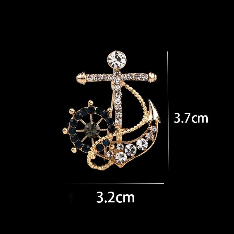 Men’s Retro Anchor Ship Wheel Brooch Pin Gold Crystal Nautical Suit Jewelry Gi
