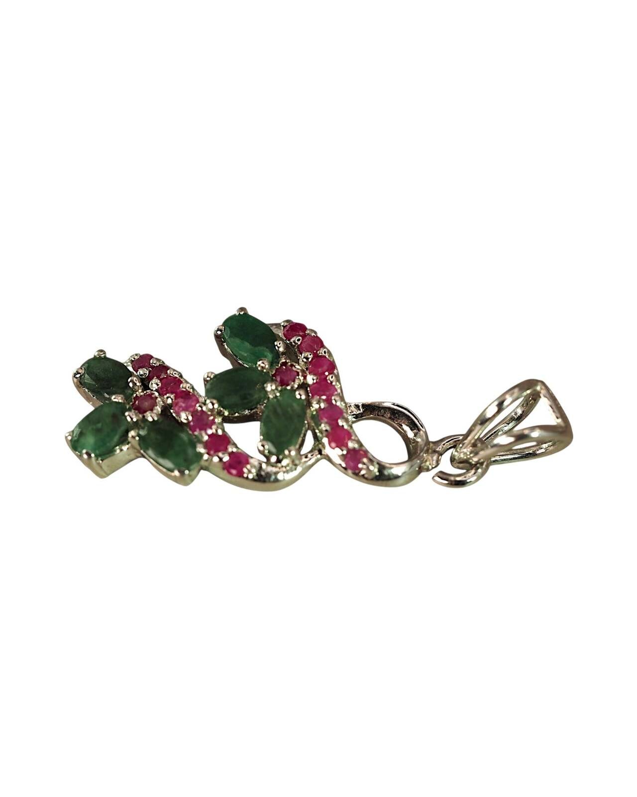Sterling Silver Green & Red Gemstone Floral Vine Pendant