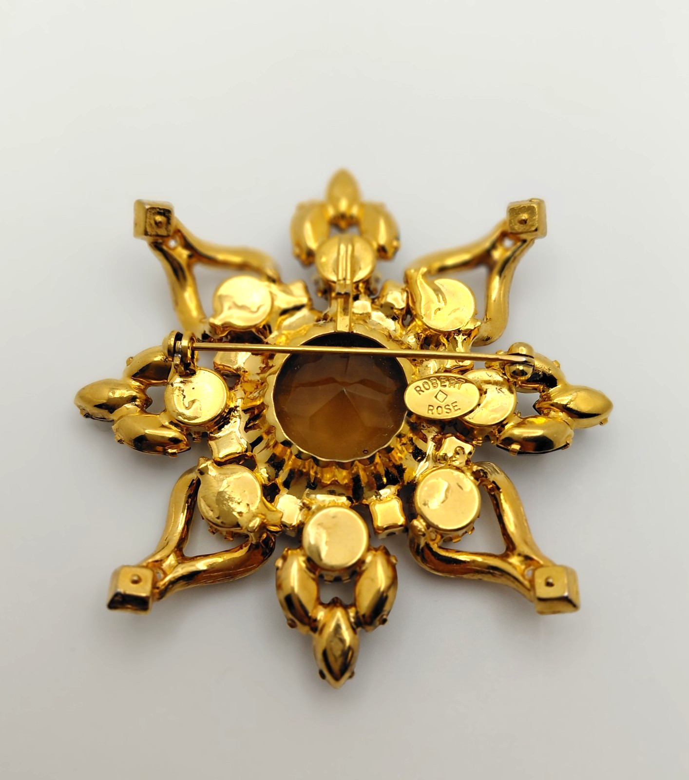 Robert Rose Flower Brooch Multicolor Rhonestones Gold Tone Setting