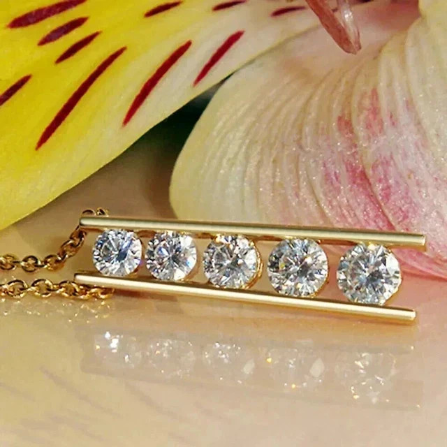 2Ct Round Cut Real Moissanite 5-Stone Journey Bar Pendant 14K Yellow Gold Plated