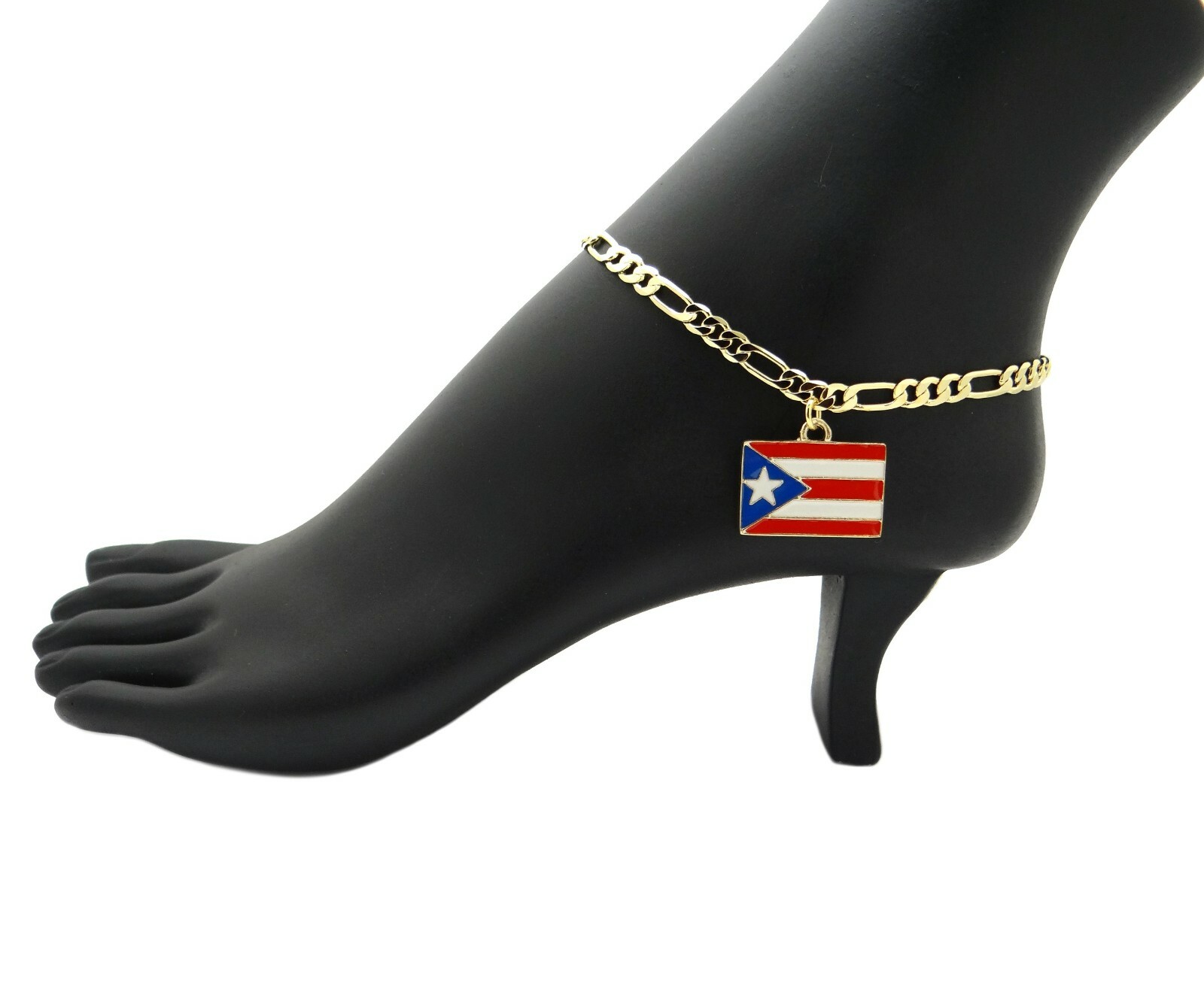 Women’s PR, DR, JAMAICA, PANAMA Flag 5mm 10″ Figaro Chain Anklet Ankle Bracelet
