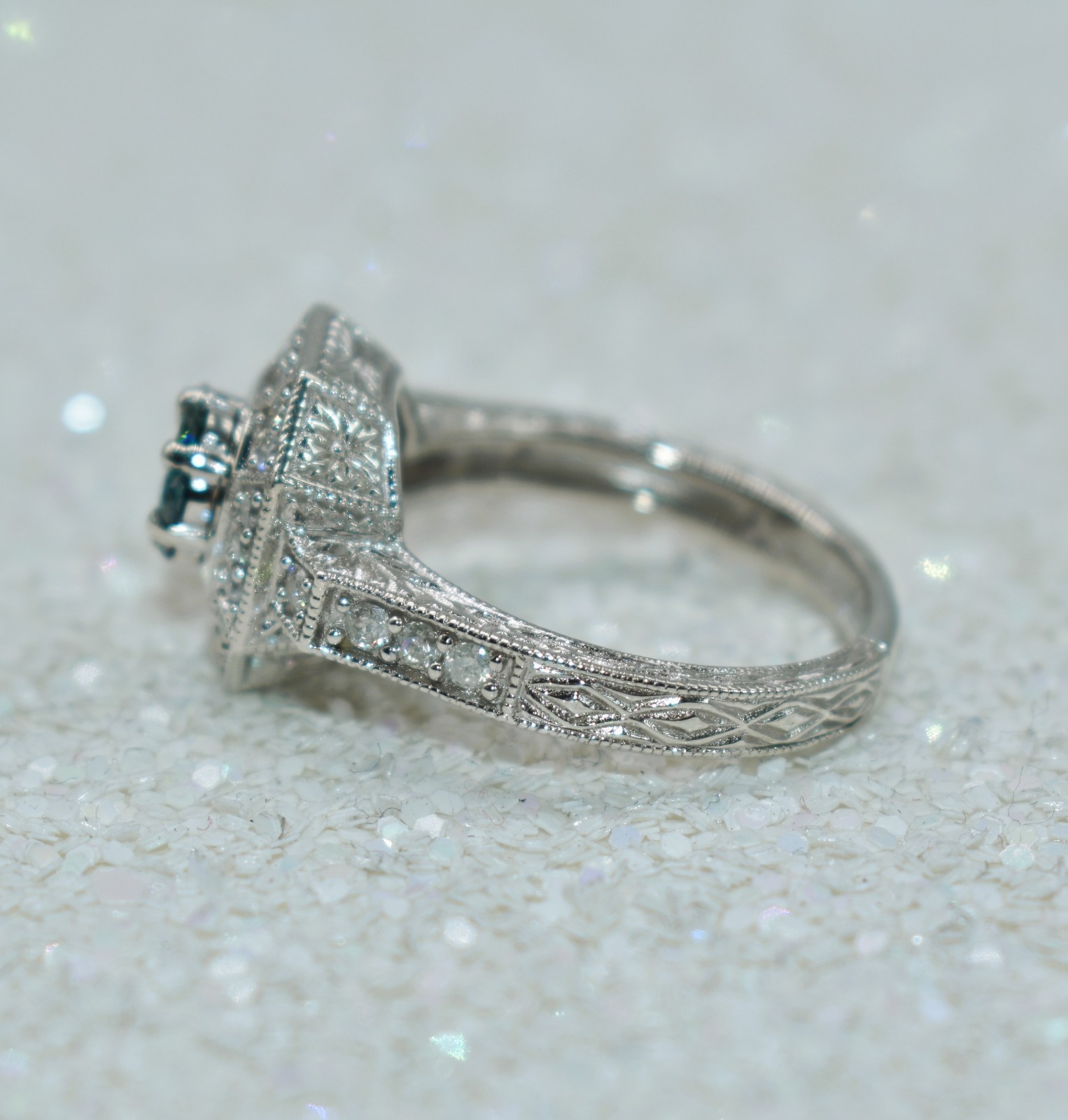 0.57 CT TW Treated Blue & White Diamonds Sterling Silver Halo Ring Size 8-1/4