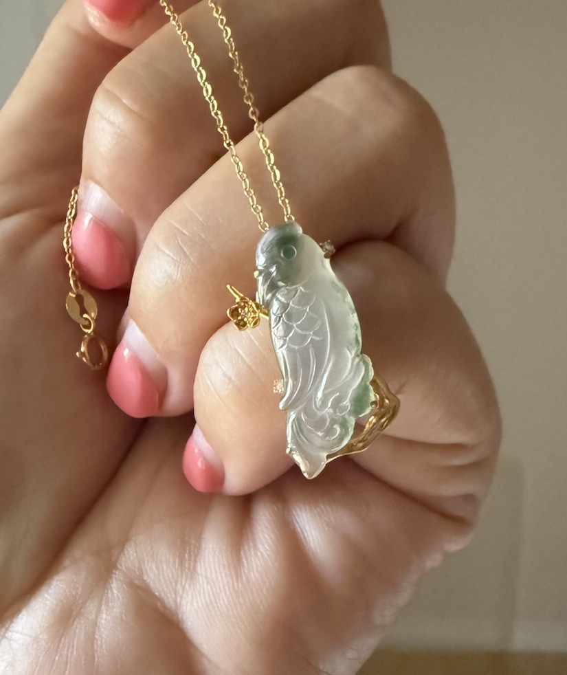 Grade A Jadeite Carved Parrot Standing Cherry blossom Jade Pendant in 18K Gold