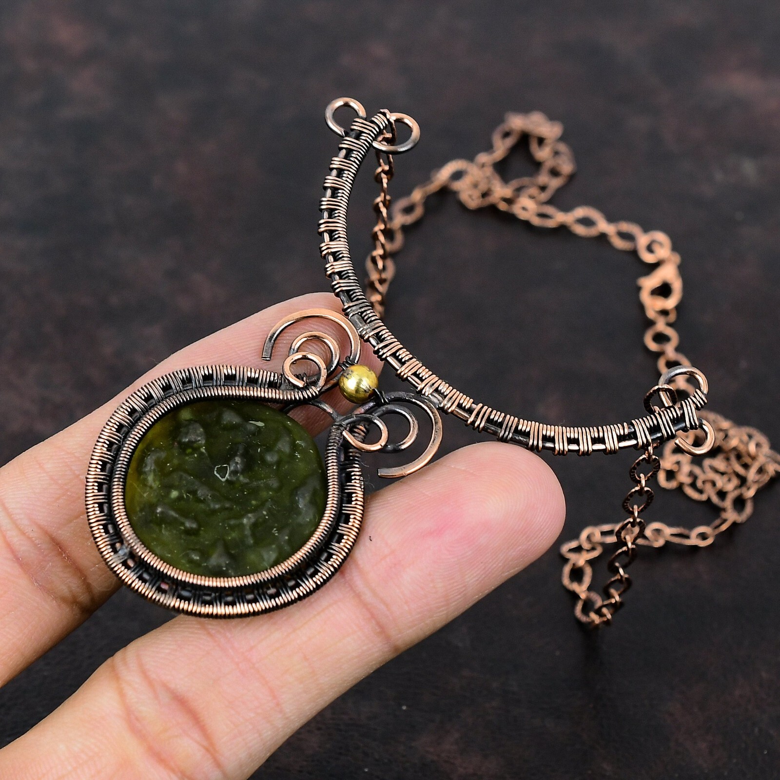 Moldavite Copper Gift For Mother Wire Wrapped Necklace Adjustable 18.0″
