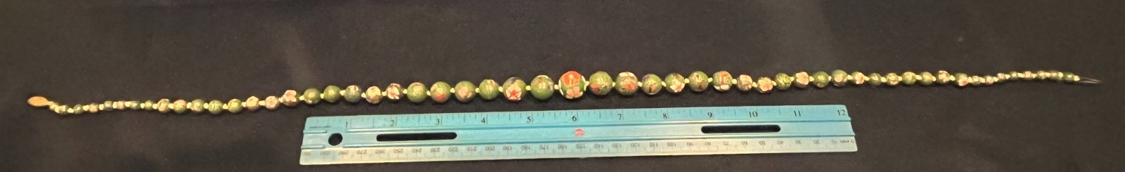 Vtg Chinese Export Cloisonne Enamel Bead Necklace Graduated Green Floral Knotted