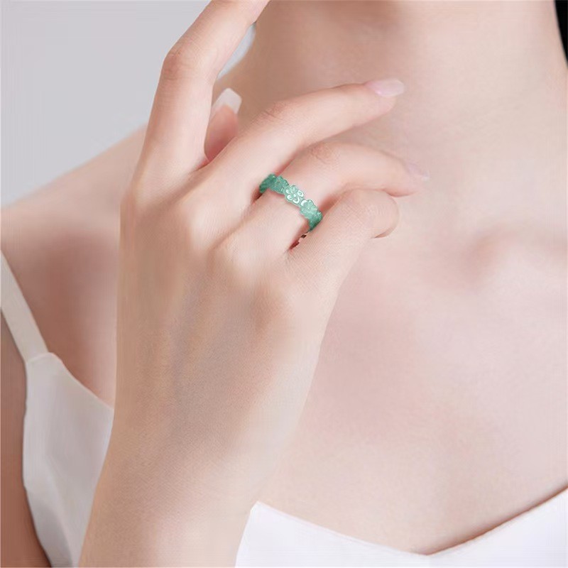 Real Grade A Natural Blue Jade Jadeite Band Women Lucky Peony Ring Us:6-9