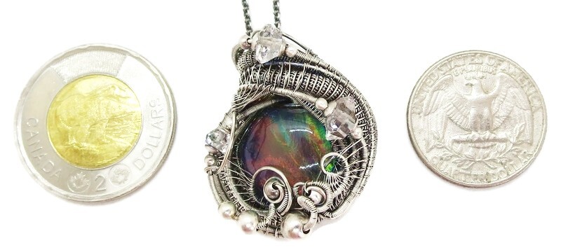 Aurora Opal Wire-Wrapped Pendant in Sterling Silver with Herkimer Diamonds