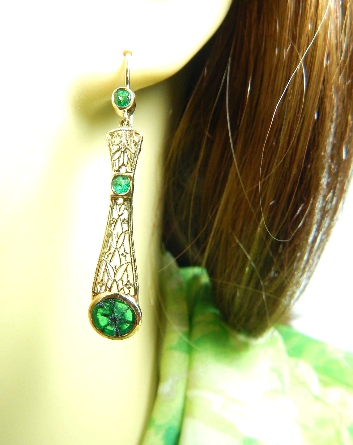 Colombian Trapiche Emerald 2.40 Cts Filigree Earrings 18K Gold Fine Jewelry Muzo