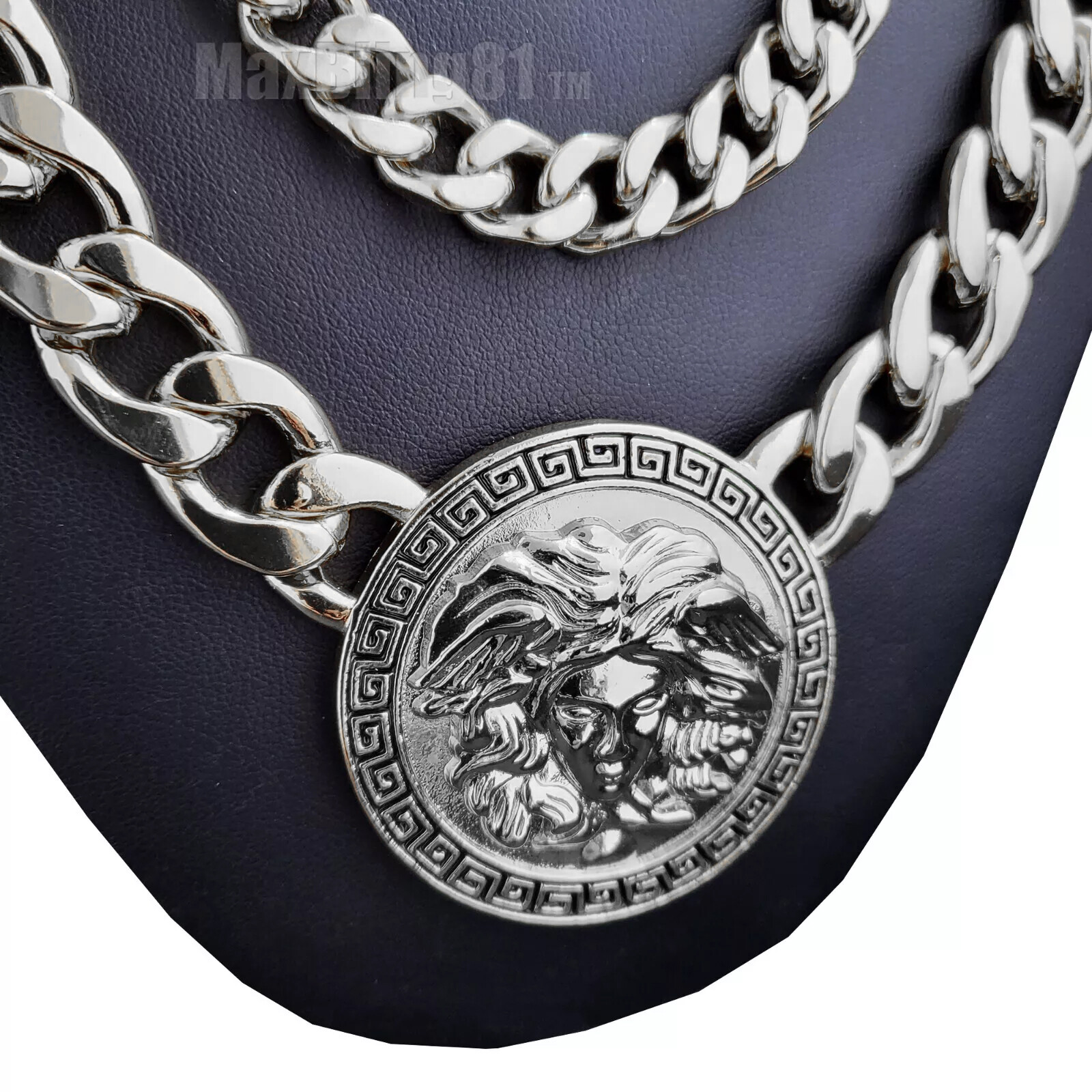 Silver Plated Medusa Head 3 Medallion Cuban Link Chain Necklace & 10mm 30″ Chain