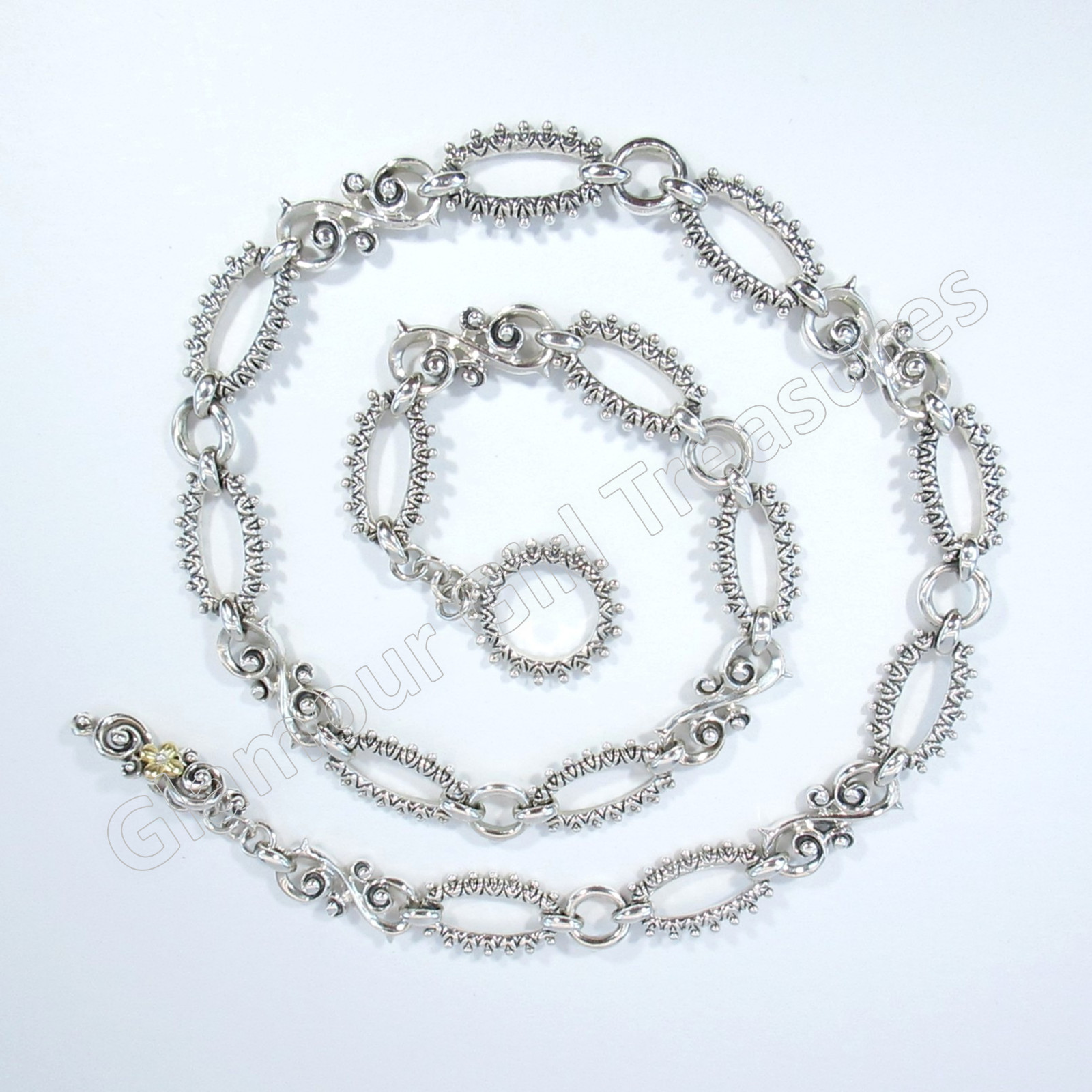 Barbara Bixby Sterling & 18K Gold Flower Scroll & Oval Link 20″ Toggle Necklace