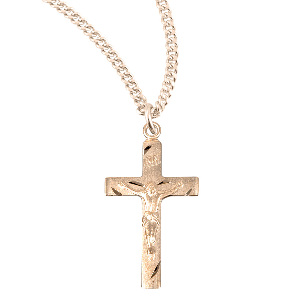 Basic Engraved Gold Plated Sterling Silver Crucifix Medal Necklace, 18″ Chain
