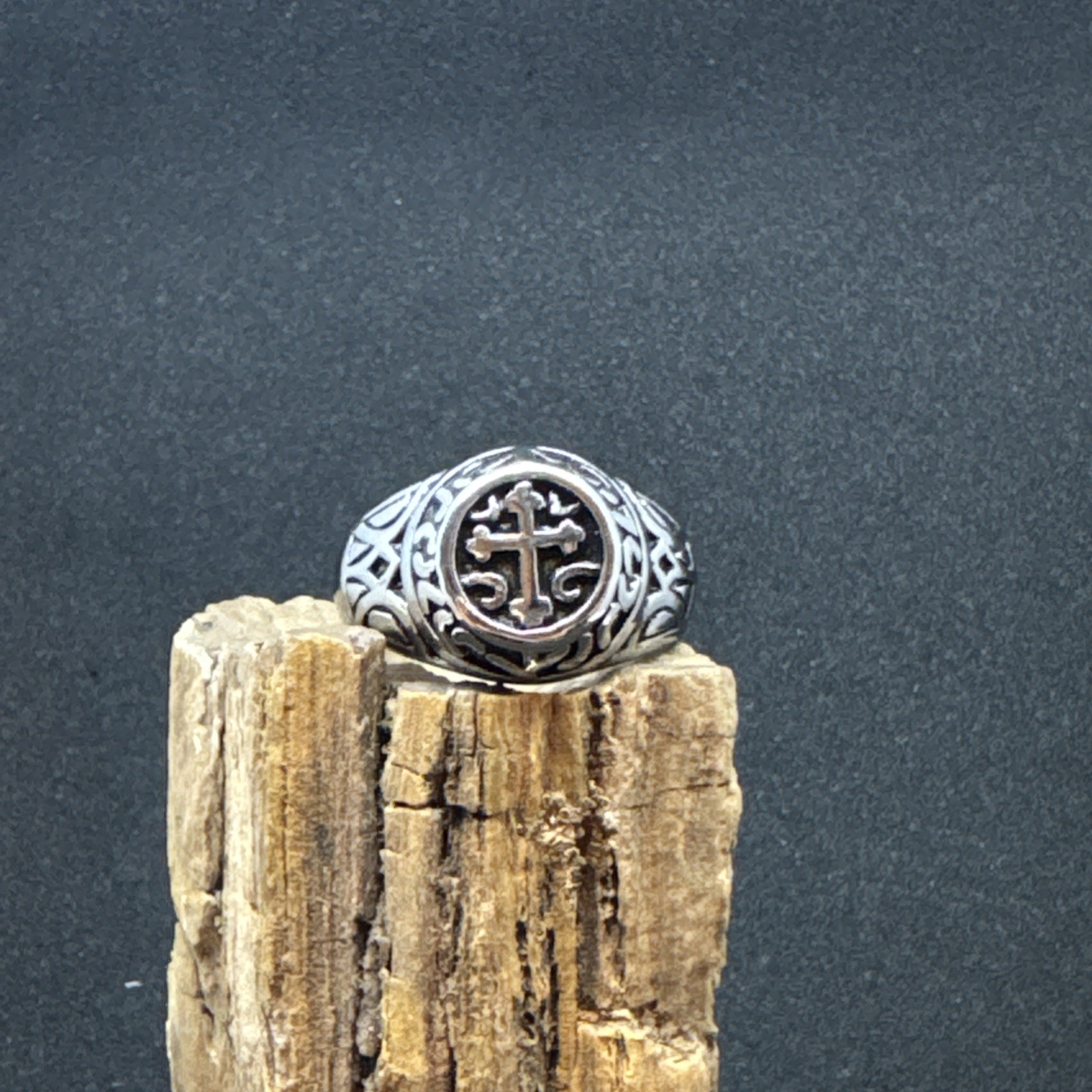 Cross Ring Stainless Steel High Polish Oxidized 12mm Face Width 5mm Band