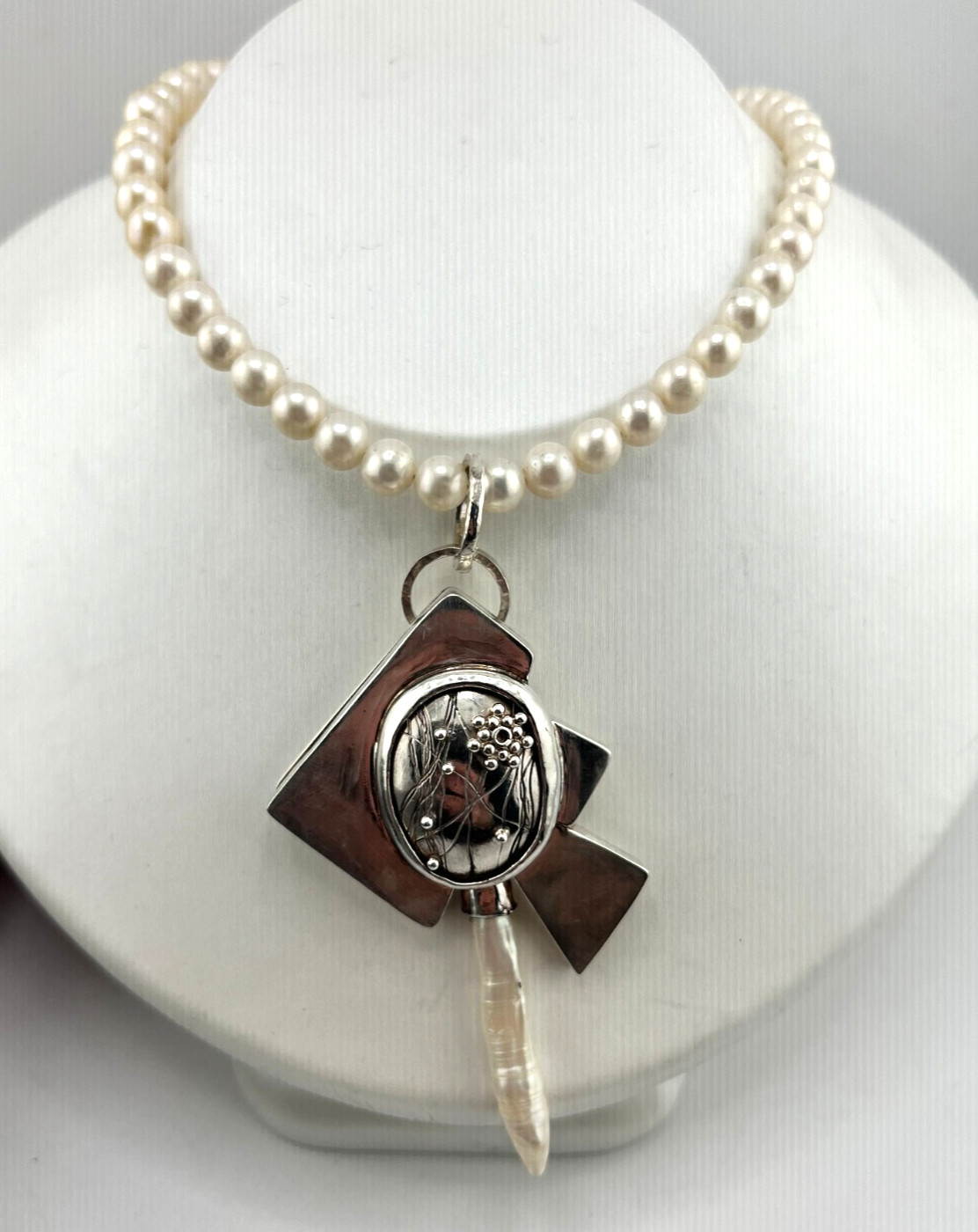 Artisan Pearl necklace 925 Sterling silver hollow form pendant signed FLW