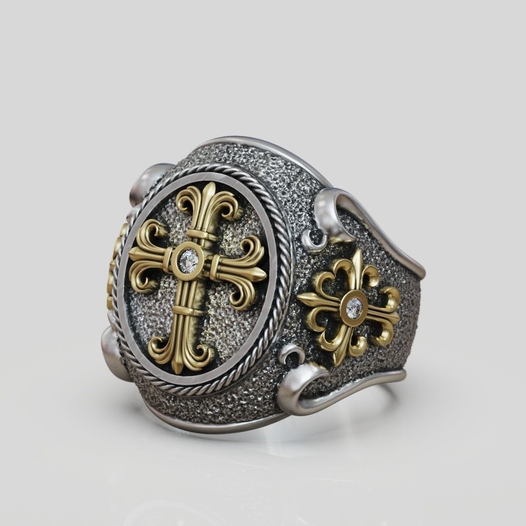 Oxidized Men’s Religious Christianity Cross 925 Sterling Silver Statement Rings