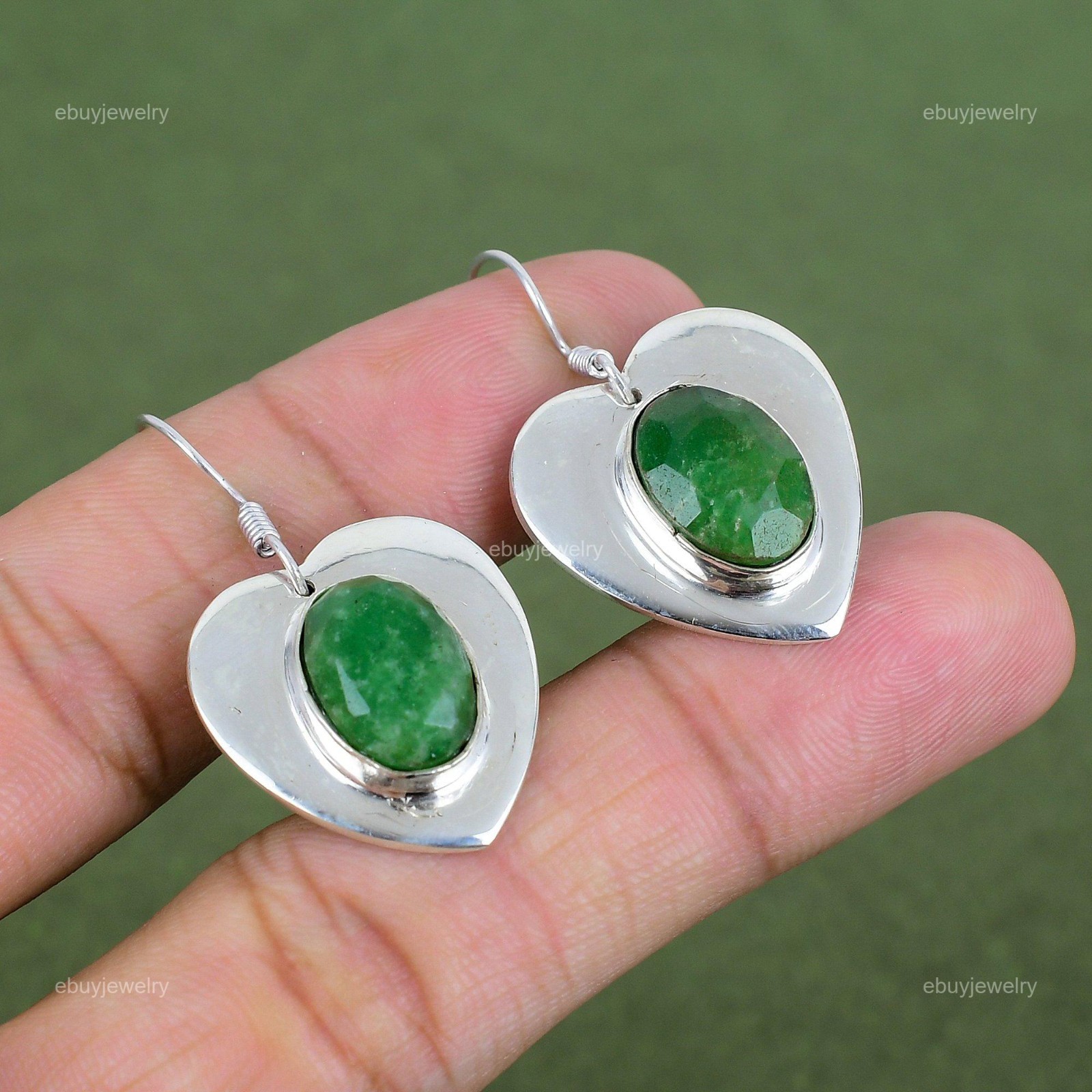 925 Sterling Silver Zambian Emerald Gemstone Dangle Drop Mother Heart Earrings