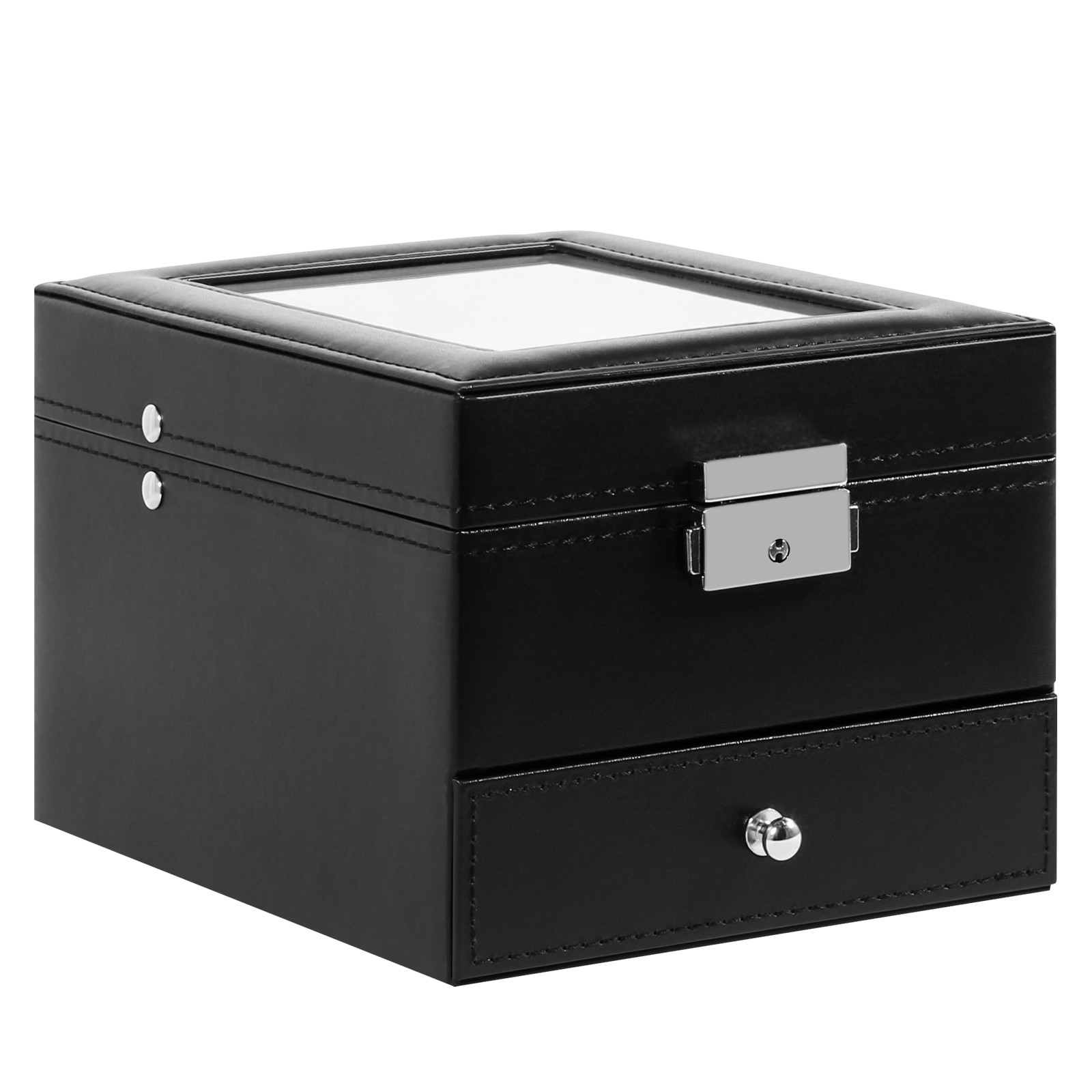 6 Slots Watch Box PU Leather Watch Case Jewelry Storage Glass Lid Display Case