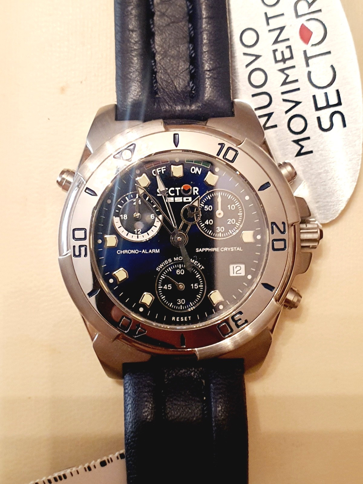 New Sector 250 Chrono Alarm Blue Steel Sapphire Crystal 100Mt Swiss Watch