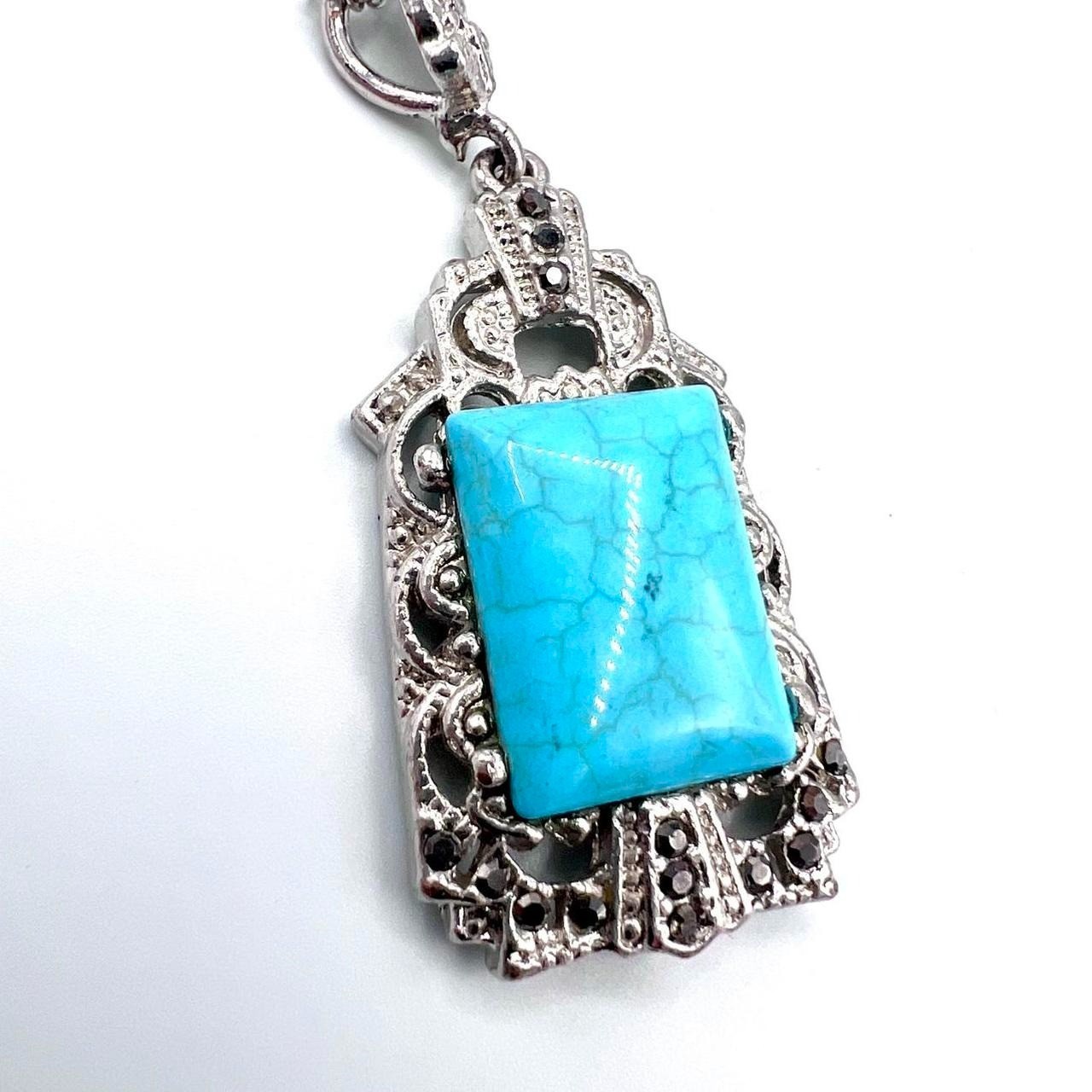 Vintage Style Silver Faux Turquoise Marcasite Pendant Necklace 18” Art Deco Rev