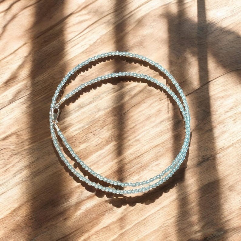 2-3MM Dainty Aquamarine Faceted Round Gemstone Beads Protections Necklaces 24”