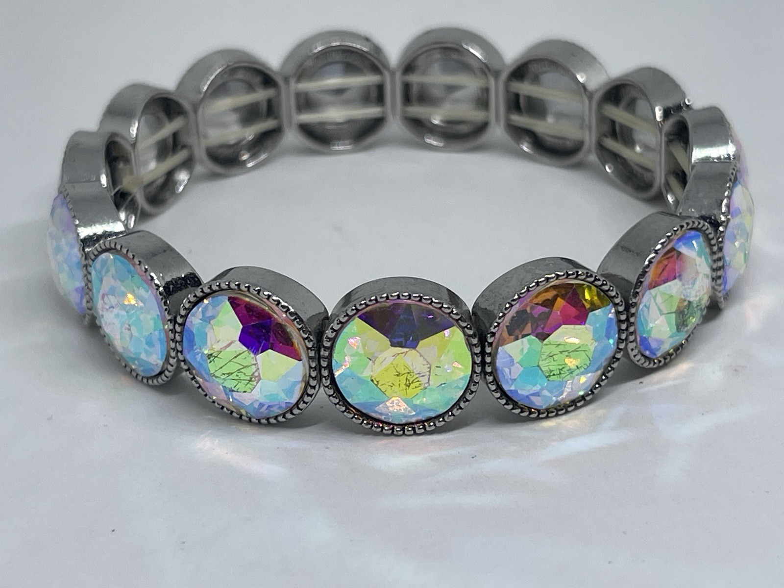 Rainbow Iridescent Large AB Sparkling Crystals Stretch Bracelet Girly Glam