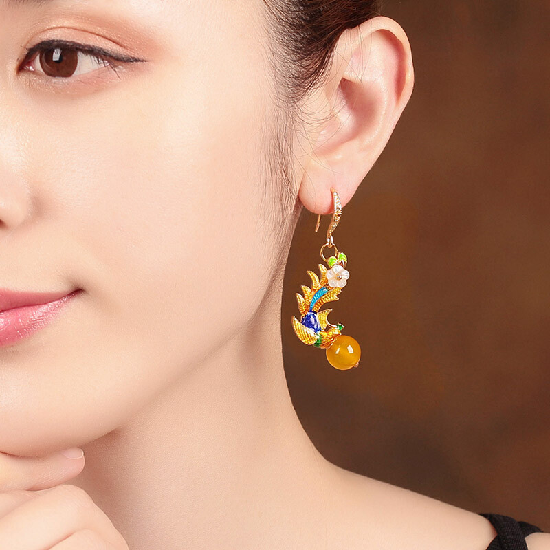 Chinese Ethnic Style Antique Earrings Yellow Agate Cloisonne Phoenix Earrings