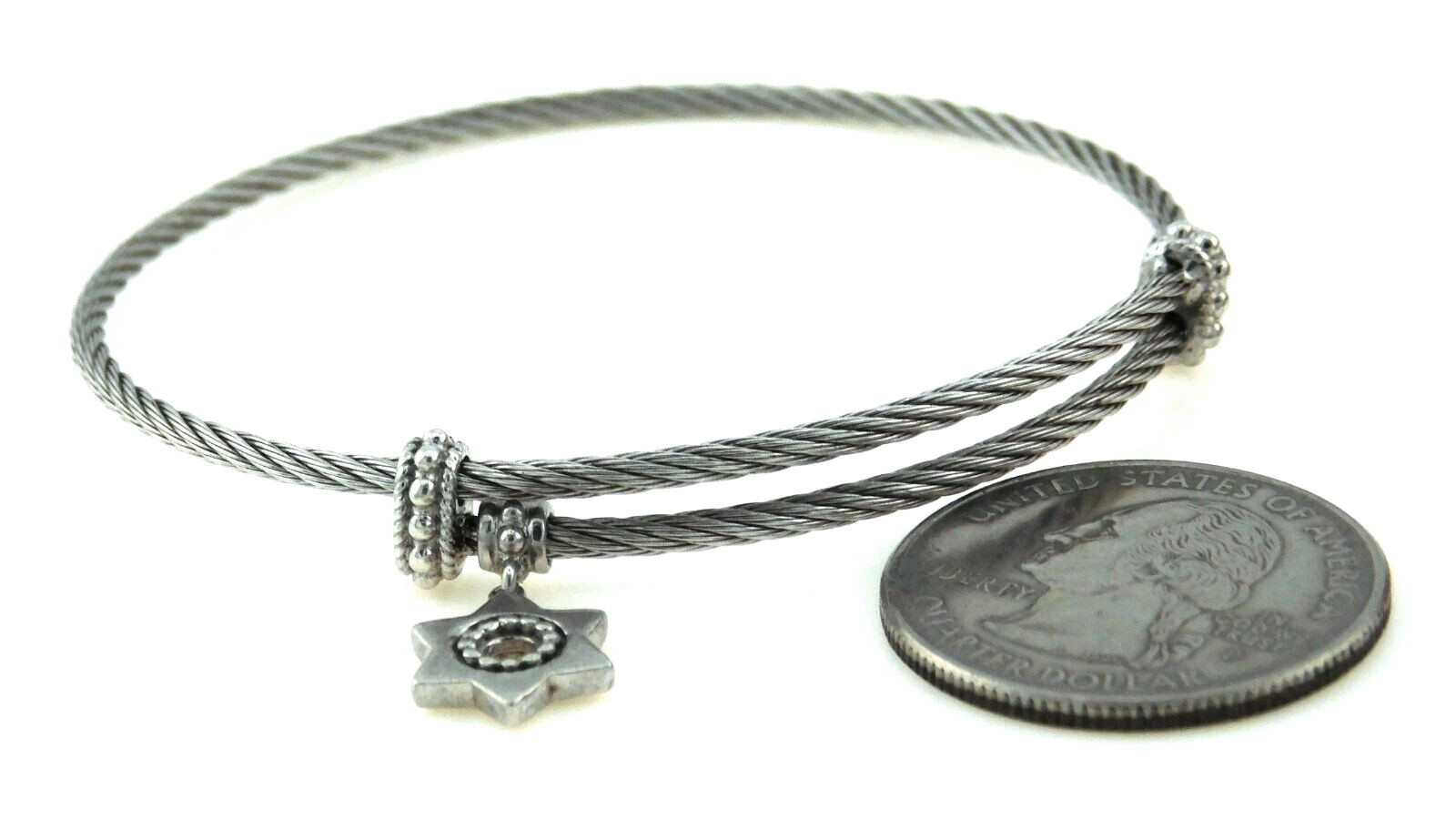 Gabriel & Co Twisted Cable Stainless Steel Bangle w Sterling Silver Star Charm