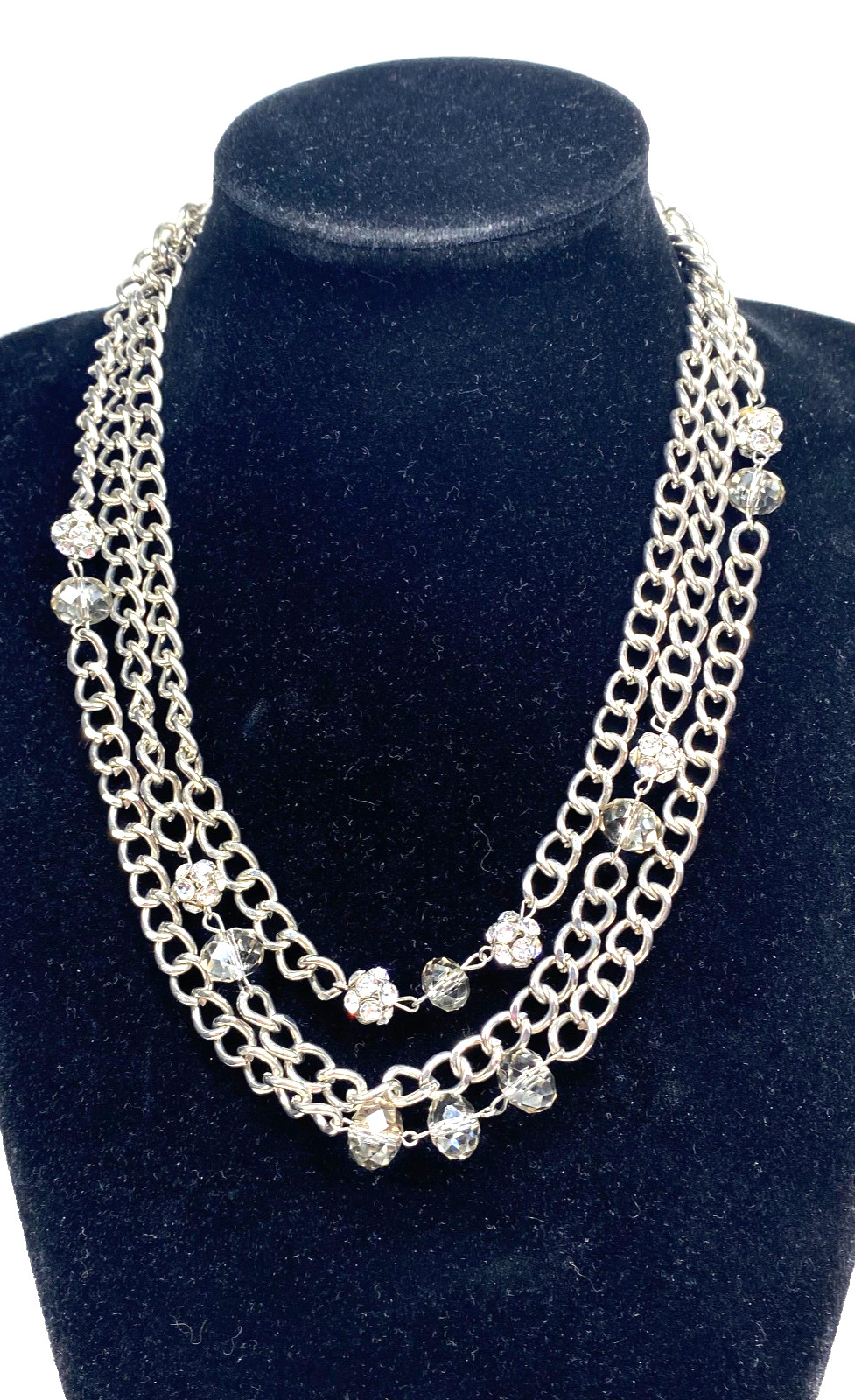 Multi Layer Silver Tone Curb Chain Necklace With Crystal Disco Balls and Crystal