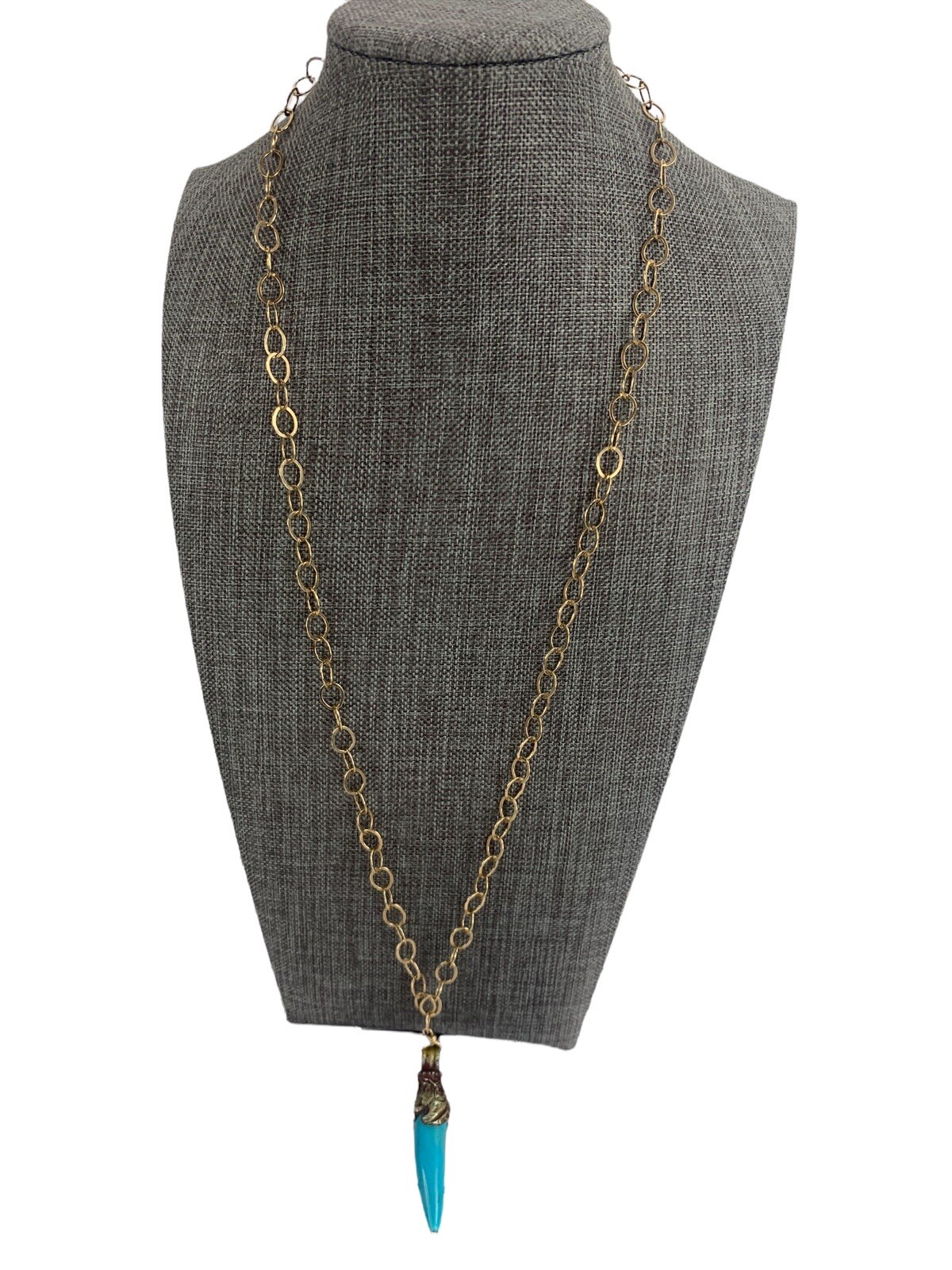 Vtg Horn Tooth Turquoise Color Gold Necklace Aged Brass Gold Tone Chain 24”+2”