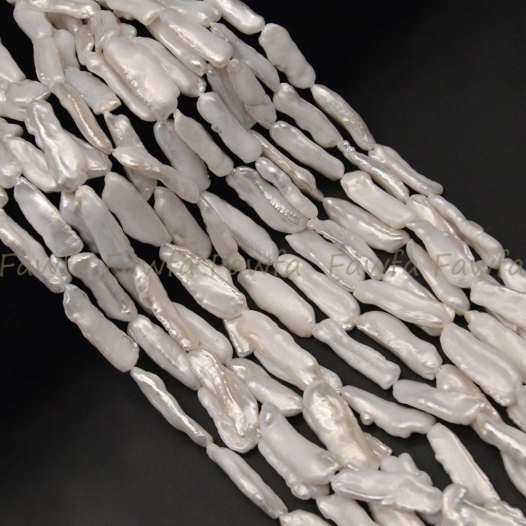 25-30mm Natural White Unique Biwa Long Baroque Freshwater Pearl Loose Beads 15”
