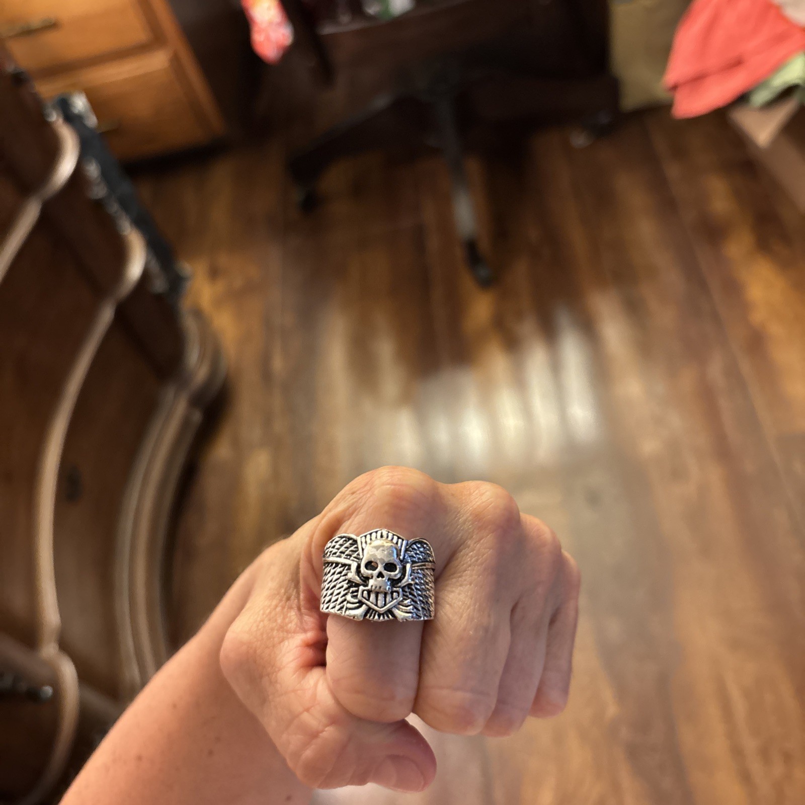 Silver toned Winged Skull And Crossbones Shield ring size 12.5