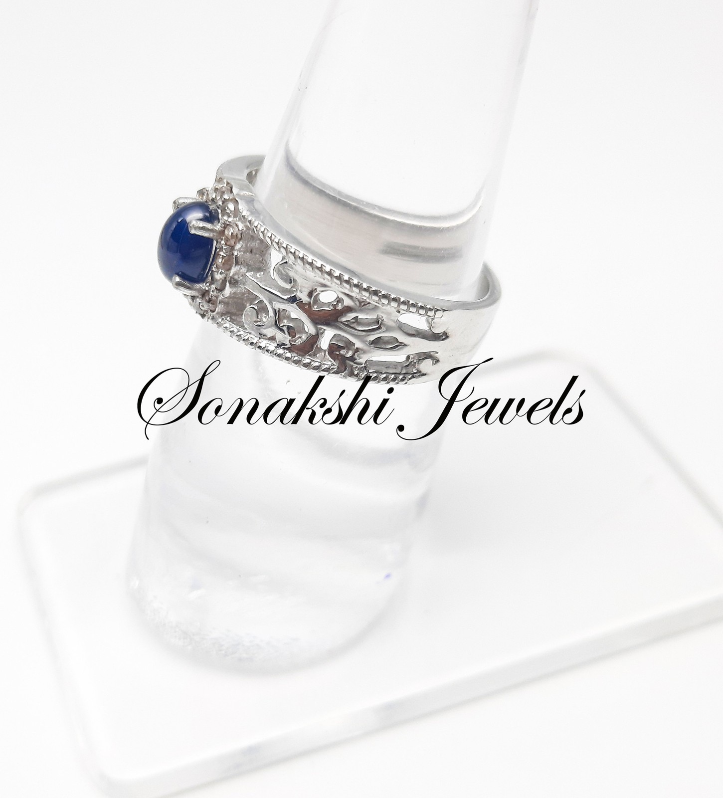Blue Sapphire Ring: Handcrafted Sterling Silver Pave Diamond Jewelry Ring