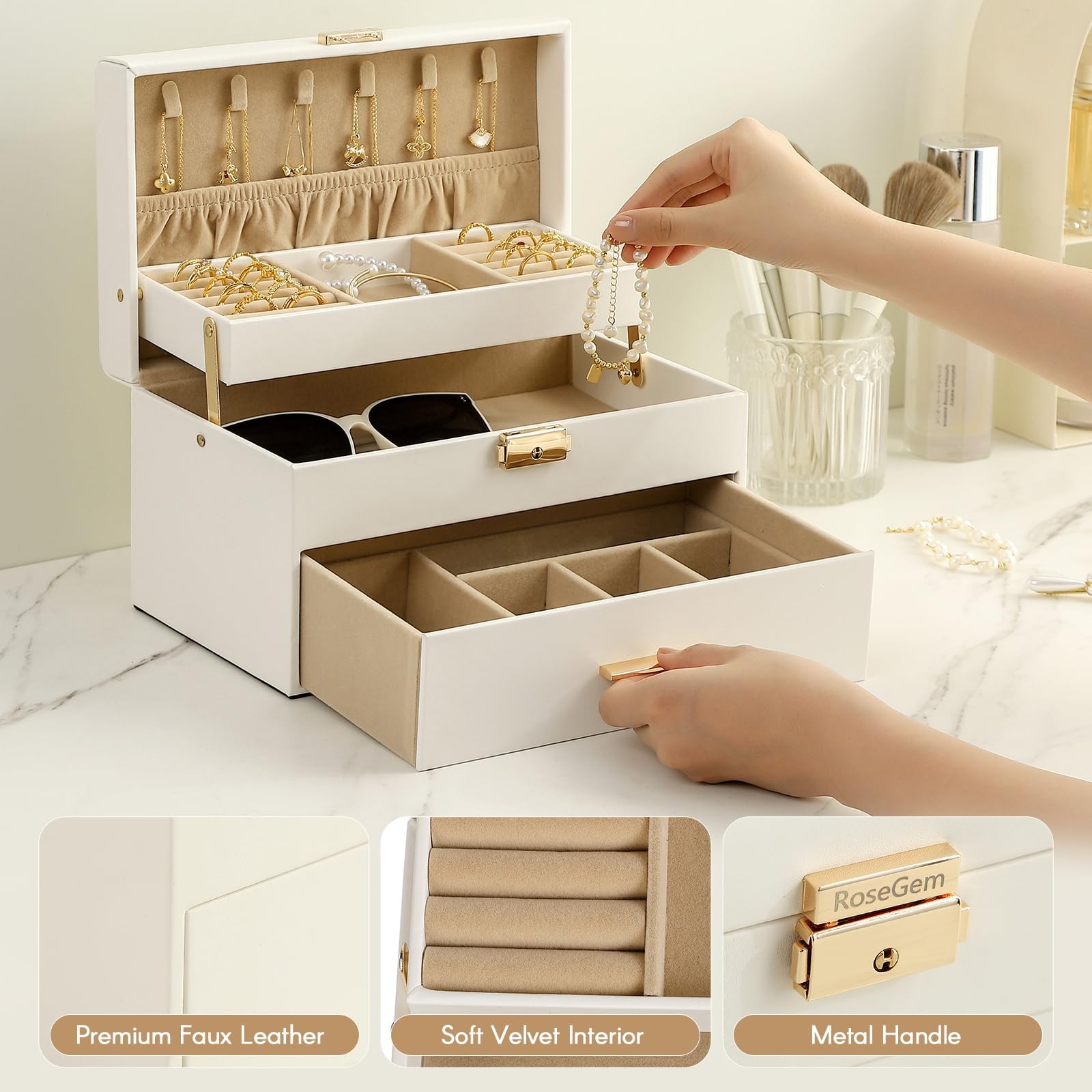 RoseGem Jewelry Organizer Box, Large Boxes for Women Girls, Black