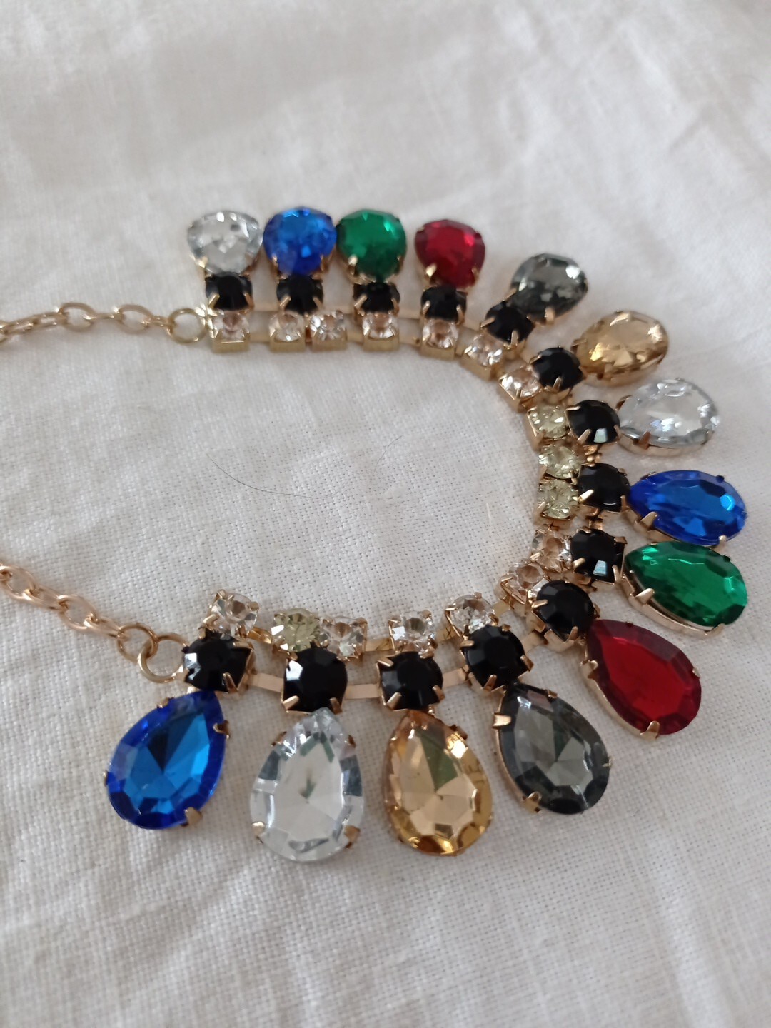 Retro Gold Tone Faceted Clear/Black&Multicolour Rhinestone Beads Necklace-L47cm