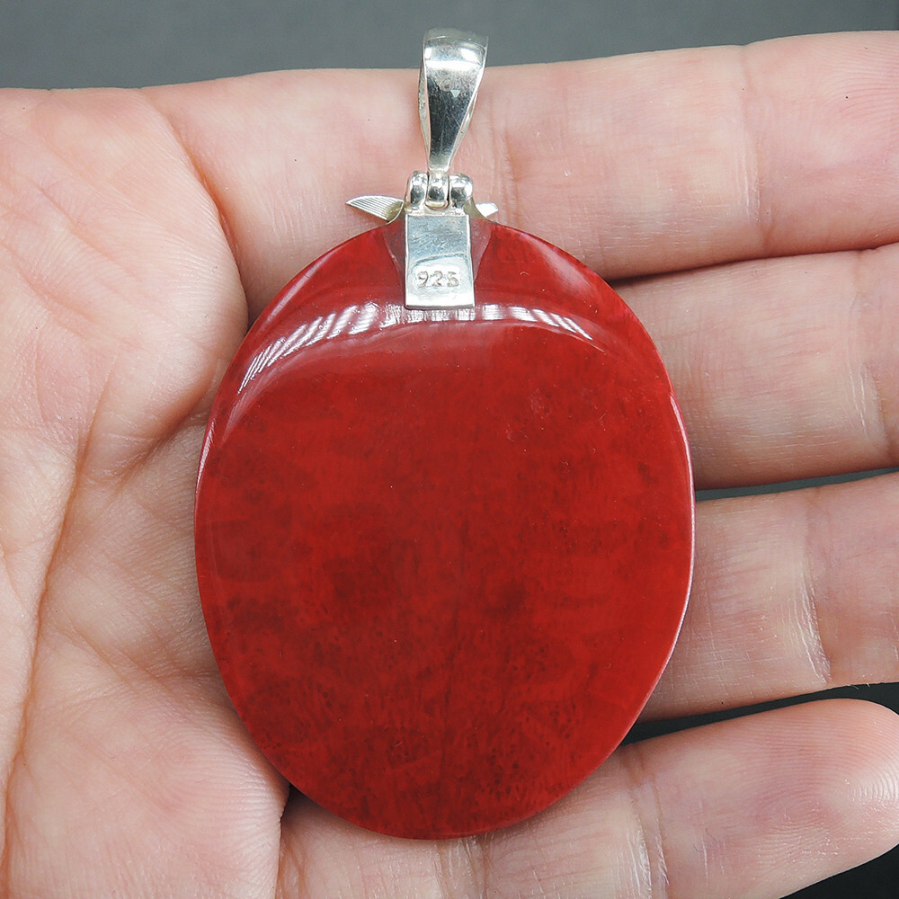 925 Sterling Silver Flat Oval Shaped Red Coral & Resin Pendant Jewelry, RCP-243